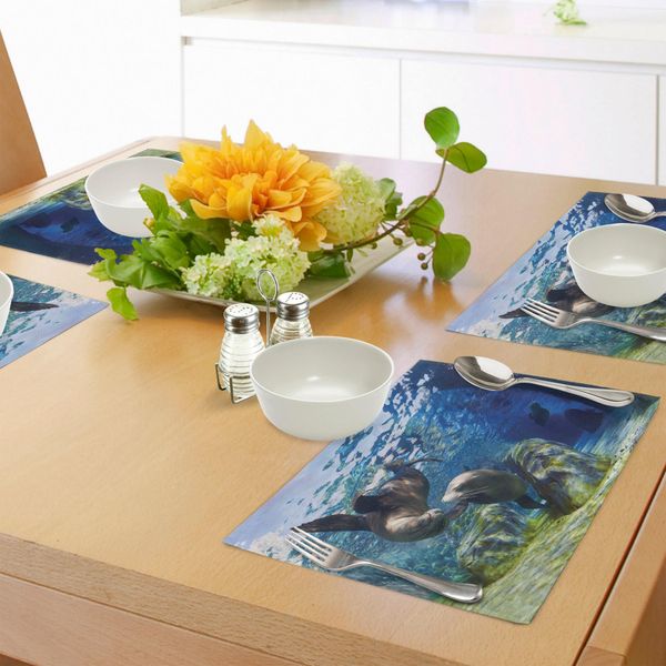 Tovagliette Abakuhaus Con Motivi Marini, Giocosi Leoni Marini Della California Che Nuotano Nelle Acque Cristalline Tema Marino, Tiscjdeco In Tessuto Resistente Ai Colori Per La Sala Da Pranzo E La Cucina, Blu Navy-image