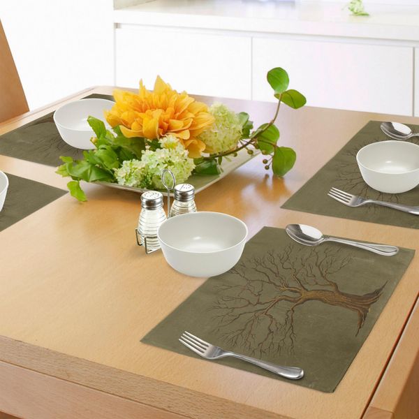Tovagliette Abakuhaus Baum, Illustrazione Di Un Grande Albero Su Carta Antica, Stampa Grafica In Stile Vintage, Tiscjdeco In Tessuto Resistente Ai Colori Per La Sala Da Pranzo E La Cucina, Verde Oliva-image