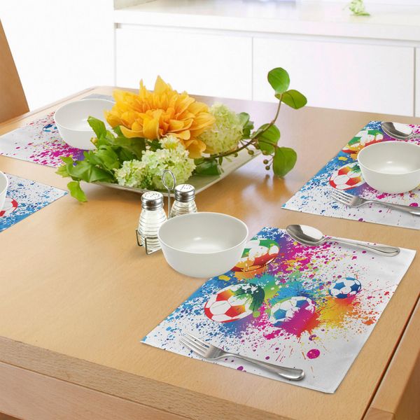 Tovagliette Da Calcio Abakuhaus, Schizzi Colorati Su Palloni Da Calcio World Cup Championship Athletic Artful, Tiscjdeco In Tessuto Resistente Al Lavaggio Per Sala Da Pranzo E Cucina, Multicolore-image