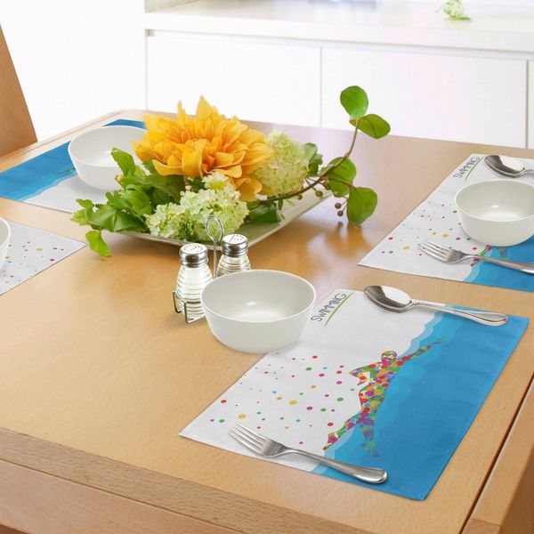 Tovagliette Abakuhaus Olympia, Motivo Con Nuotatore In Piscina E Cerchi Assortiti Di Vari Colori Arte Moderna Colorata, Tovaglietta Decorativa In Tessuto Resistente Ai Colori Per La Sala Da Pranzo E La Cucina, Verde Blu Rosso-image