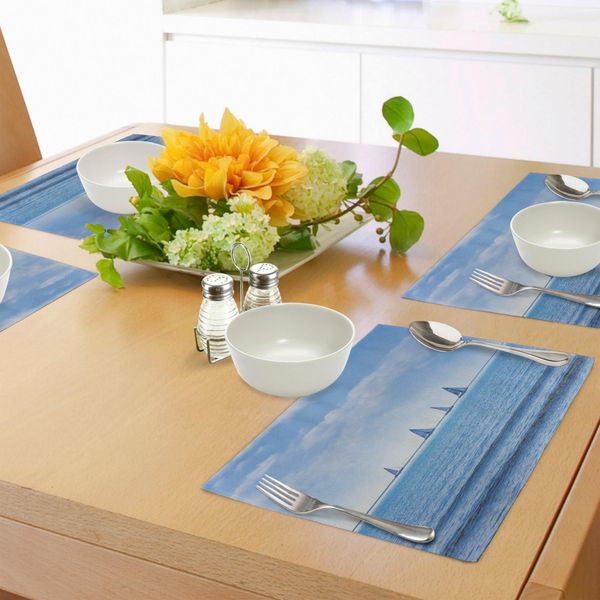 Abakuhaus Tovagliette Nautiche, Yacht Da Regata Su Ocean Water Regatta Panorama Vista Panoramica Rilassati Foto Vincente, Tiscjdeco In Tessuto Resistente Ai Colori Per La Sala Da Pranzo E La Cucina, Azzurro-image
