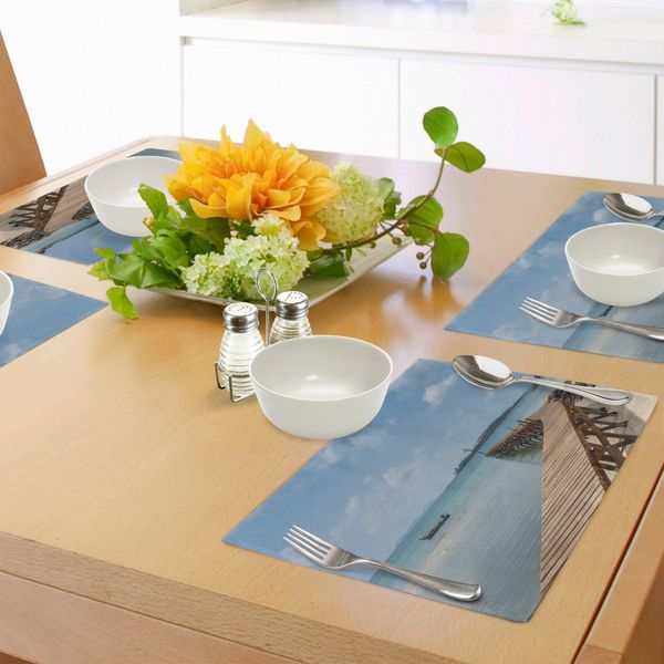 Abakuhaus Tovagliette Paesaggio, Vecchio Ponte Di Legno Sul Mare Blu Presso Koh Kood Trat Thailandia Paesaggio Esotico Da Spiaggia, Tiscjdeco In Tessuto Resistente Al Colore Per La Sala Da Pranzo E La Cucina, Marrone Blu-image