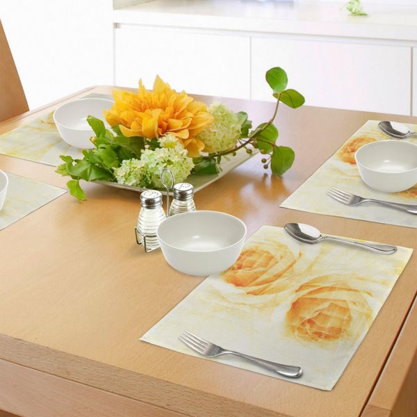 Abakuhaus Tovagliette Gialle, Fiori Di Rosa Con Effetto Acquerello, Romantico Motivo Femminile Classico, Tiscjdeco In Tessuto Resistente Al Lavaggio Per Sala Da Pranzo E Cucina, Giallo E Beige-image