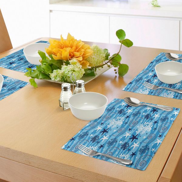 Tovagliette Abakuhaus Con Conchiglie, Collezione Nautical Underwater Universe, Illustrazione Di Tutte Le Creature Marine, Tiscjdeco In Tessuto Resistente Al Colore Per La Sala Da Pranzo E La Cucina, Bianco E Blu-image