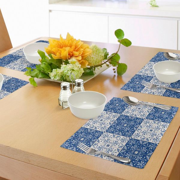 Abakuhaus Tovagliette Marocchine, Mosaico Turco-Portoghese, Motivo Ceramico, Stile Country, Immagine Vintage, Tiscjdeco In Tessuto Resistente Al Lavaggio Per Sala Da Pranzo E Cucina, Blu Navy E Bianco-image