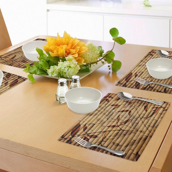 Abakuhaus Tovagliette Beige, Bastoncini Di Bambù E Figure Di Foglie Sopra Elementi Spirituali Asiatici Stampa BohéMien, Tiscjdeco In Tessuto Resistente Al Colore Per La Sala Da Pranzo E La Cucina, Beige Marrone Tan-image