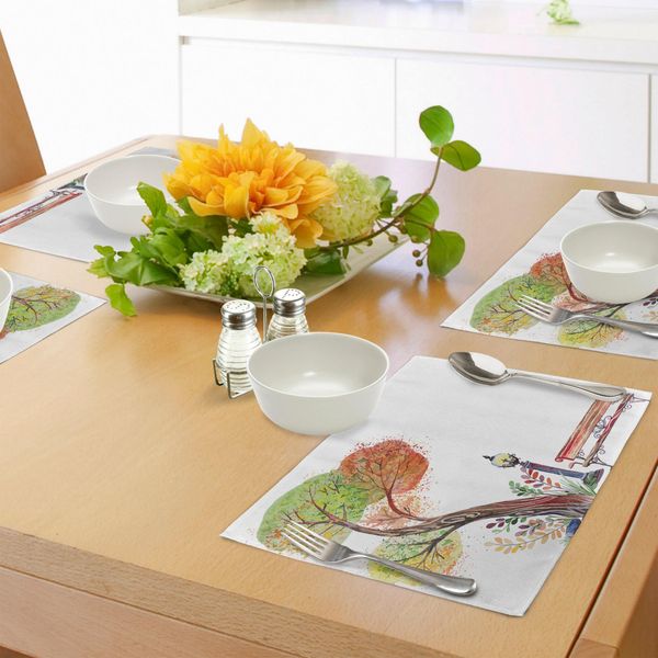 Tovagliette Abakuhaus Wald, Giornata Autunnale Nel Parco Con Foglie Cadute E Alberi Disegnati In Stile Vendemmia, Tiscjdeco In Tessuto Resistente Al Lavaggio Per La Sala Da Pranzo E La Cucina, Verde Marrone-image