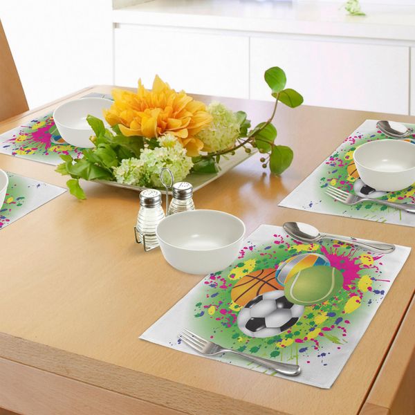 Tovagliette Abakuhaus Sport, Collezione Di Palloni Sportivi Su Acquerelli Splash Vibrant Art Grafica Kids Sala Giochi, Tiscjdeco In Tessuto Resistente Al Lavaggio Per Sala Da Pranzo E Cucina, Multicolore-image