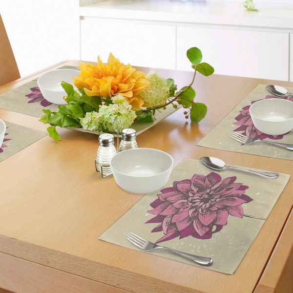Tovagliette Abakuhaus Boho, Vintage Dahlia Flower Con Sfondo Grunge Opaco, Motivo Bohemien, Tiscjdeco In Tessuto Resistente Al Lavaggio Per Sala Da Pranzo E Cucina, Viola Cachi-image