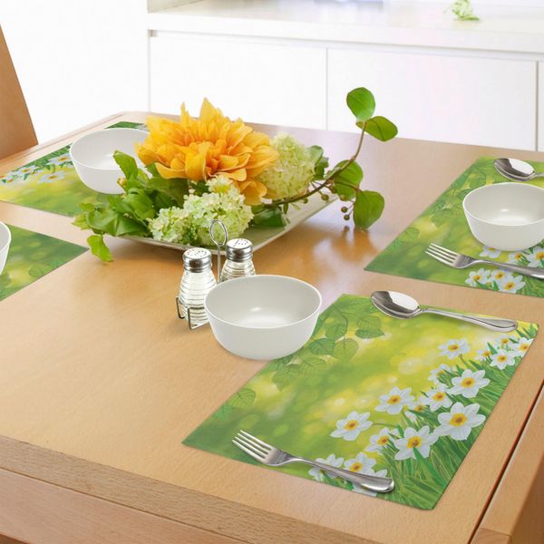 Abakuhaus Tovagliette Narciso, Narcisi Sotto Rami Di Alberi Vibranti, Tema Fiori Primaverili, Foglie Stagionali, Tiscjdeco In Tessuto Resistente Al Colore Per Sala Da Pranzo E Cucina, Giallo Verde-image
