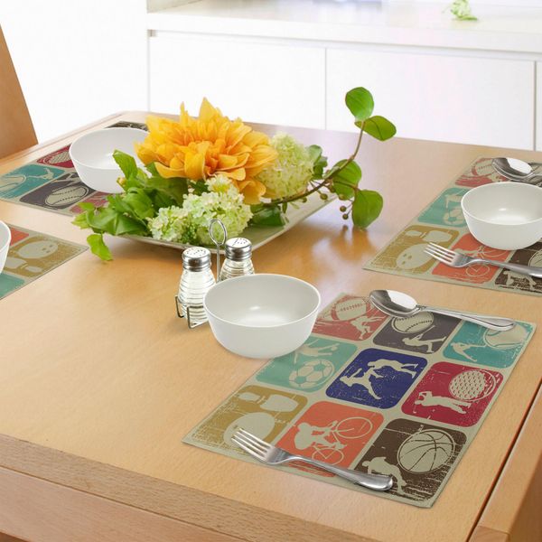 Tovagliette Sportive Abakuhaus, Assortimento Di Bandiere Sportive, Effetto Vintage, Tennis, Calcio, Bowling, Tema Pub, Tiscjdeco In Tessuto Resistente Al Lavaggio Per Sala Da Pranzo E Cucina, Multicolore-image