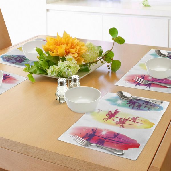 Abakuhaus Tovagliette Tropicali, Palme, Uccelli, Gabbiani, Silhouette, Tavole Da Surf, Paesaggio Marino, Decorazioni Da Tavola In Tessuto Resistente Al Lavaggio Per La Sala Da Pranzo E La Cucina, Giallo Chiaro, Fucsia, Viola.-image