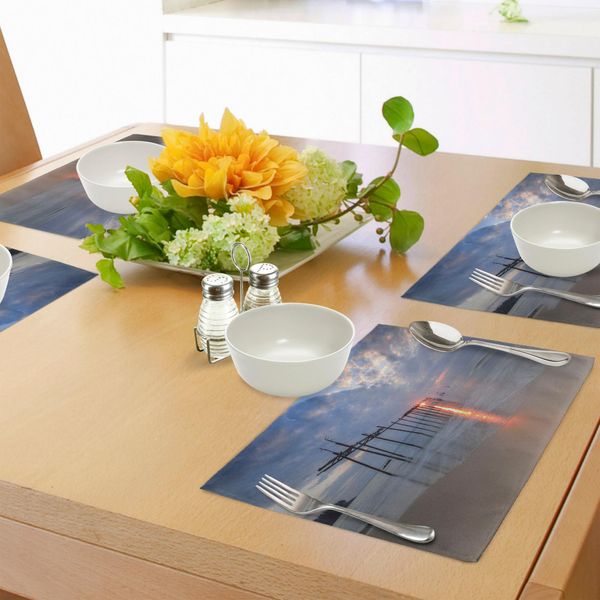 Abakuhaus Tovagliette Paesaggistiche, Raggi Di Sole E Vecchio Ponte Presso Pilai Beach Sunset Thailandia Immagine Tropicale Seascape, Tiscjdeco In Tessuto Resistente Al Colore Per La Sala Da Pranzo E La Cucina, Beige Verde-image