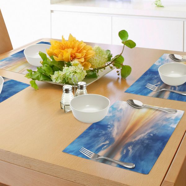 Tovagliette Abakuhaus Natur, Sfondo Con Cielo Da Sogno E Nuvole Che Si Dissolvono Sul Retro, Concetto Di Tranquillità Estiva, Decorazione Da Tavola In Tessuto Resistente Al Lavaggio Per La Sala Da Pranzo E La Cucina, Arancione E Blu-image