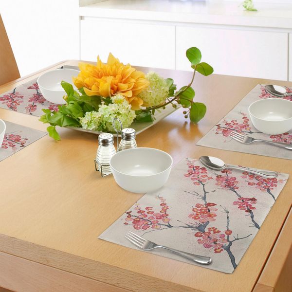 Tovagliette Abakuhaus Con Motivi Floreali, Fiori Di Ciliegio Sakura, Stile Orientale Antico, Stampa Vintage A Tema Asiatico, Tiscjdeco In Tessuto Resistente Al Lavaggio Per Sala Da Pranzo E Cucina, Beige, Verde, Rosa-image