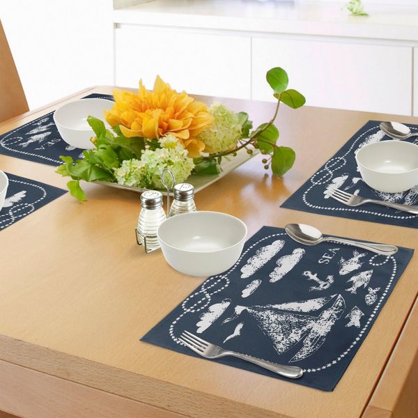 Abakuhaus Tovagliette Blu Navy, Elementi Grunge Stampati A Mano A Tema Marino, Collezione Marine Underwater Yacht Cruise, Tiscjdeco In Tessuto Resistente Al Lavaggio Per La Sala Da Pranzo E La Cucina, Bianco-image