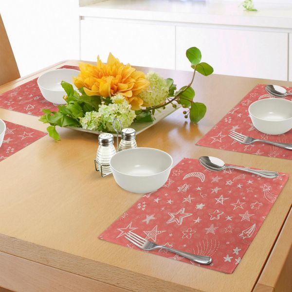 Tovagliette Abakuhaus Star, Tema Luna E Stelle, Motivo Notte Stellata, Stelle Cadenti, Galassia Spaziale, Stile Kids, Decorazione Da Tavola In Tessuto Resistente Al Lavaggio Per Sala Da Pranzo E Cucina, Bianco E Rosso Corallo.-image