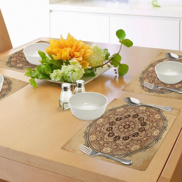 Tovagliette Abakuhaus Zodiaco, Micro Cosmos Universe Icon Punta Orientale Forma Mandala Con Simboli Su Sfondo Grunge, Tiscjdeco In Tessuto Resistente Al Lavaggio Per Sala Da Pranzo E Cucina, Marrone Chiaro-image