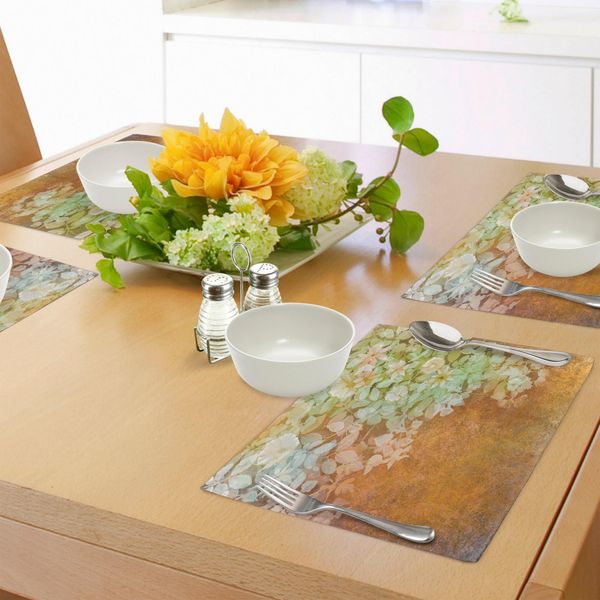 Tovagliette Abakuhaus Grunge, Fiori E Foglie Pittura Vintage Su Sfondo Sfocato Carta Stampa Artistica Floreale, Tiscjdeco In Tessuto Resistente Al Colore Per La Sala Da Pranzo E La Cucina, Verde Senape-image