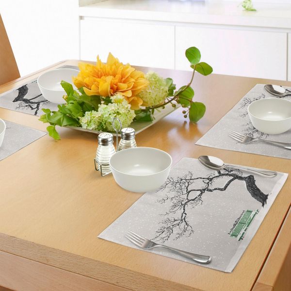 Tovagliette Abakuhaus Baum, Drastico Paesaggio Invernale Con Panchina Retrò E Albero Solitario In Una Fredda Giornata, Tiscjdeco In Tessuto Resistente Al Lavaggio Per La Sala Da Pranzo E La Cucina, Grigio Antracite Verde Mare-image