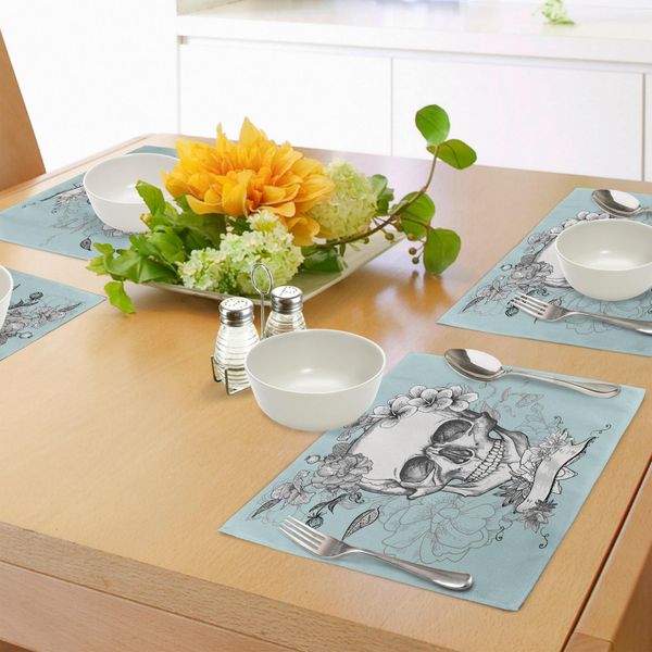 Tovagliette Abakuhaus Grunge, Teschi E Fiori, Giorno Dei Morti, Festa Tradizionale Messicana, Arte Simbolica, Tiscjdeco In Tessuto Resistente Ai Colori Per La Sala Da Pranzo E La Cucina, Turchese Bianco-image