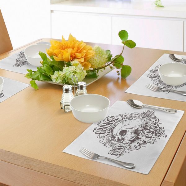 Tovagliette Abakuhaus Grunge, Teschi E Rose, Motivo Floreale Vintage, Stampa Monocromatica In Stile Tatuaggio, Tema Retrò, Tiscjdeco In Tessuto Resistente Al Lavaggio Per Sala Da Pranzo E Cucina, Bianco E Nero-image