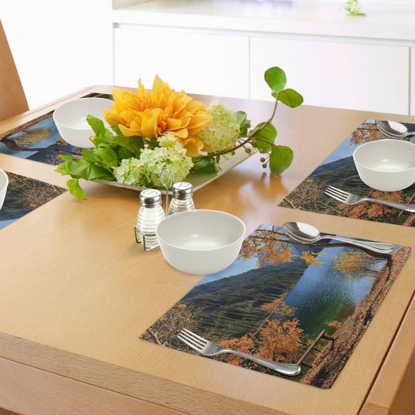 Tovagliette Abakuhaus, Stagione Autunnale Tra Lago E Montagna Tema Naturale Asiatico Alberi Autunnali Nella Natura Selvaggia, Tiscjdeco In Tessuto Resistente Al Lavaggio Per Sala Da Pranzo E Cucina, Arancione Verde-image