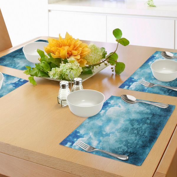 Tovagliette Abakuhaus Grunge, Illustrazione Astratta Grunge Con Immagine Di Bosco Notturno, Cielo Nuvoloso, Natura E Paesaggio, Tiscjdeco In Tessuto Resistente Al Lavaggio Per Sala Da Pranzo E Cucina, Blu Verde Acqua-image