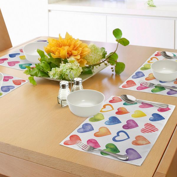 Tovagliette Abakuhaus Grunge, Rainbow Color Heart Shapes Design Romantico Per San Valentino, Tema "Essere Romantici"", Tiscjdeco In Tessuto Resistente Al Lavaggio Per Sala Da Pranzo E Cucina, Giallo Blu Rosso"-image