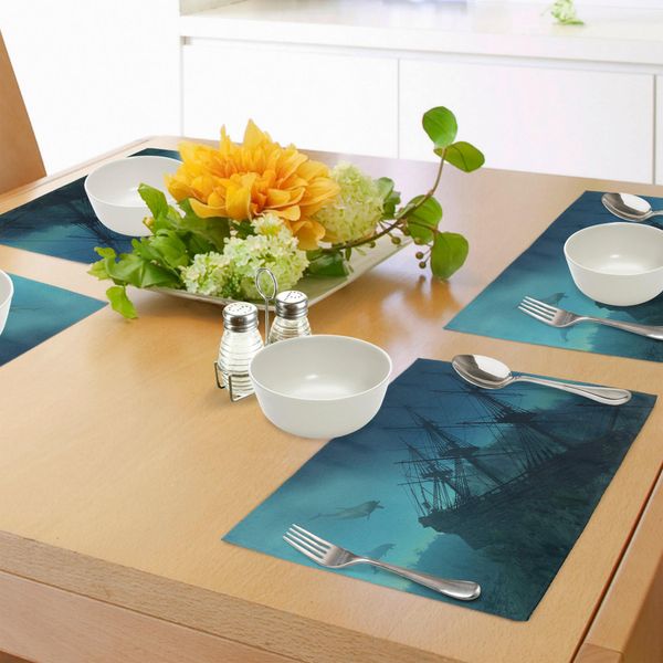 Abakuhaus Tovagliette Nautiche, Delfini Naufragio Relitto Nave Affondata Mistero Tesoro, Tiscjdeco In Tessuto Resistente Ai Colori Per La Sala Da Pranzo E La Cucina, Blu Grigio Azzurro Verde Acqua-image