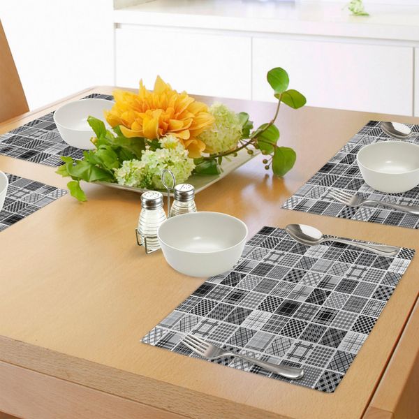 Abakuhaus Tovagliette Grigie, Motivo Scozzese A Quadri E Righe Miste In Stile Patchwork, Tiscjdeco In Tessuto Resistente Al Lavaggio Per La Sala Da Pranzo E La Cucina, Bianco, Nero, Grigio-image