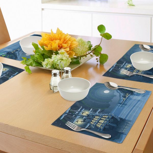 Tovagliette Abakuhaus Nautico, Illustrazione Dettagliata Dell'isola Delle Avventure Notturne Con Nave Pirata Ancorata E Luna, Tiscjdeco In Tessuto Resistente Al Lavaggio Per La Sala Da Pranzo E La Cucina, Blu-image