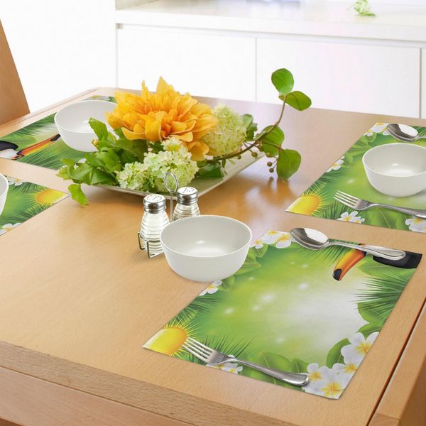 Abakuhaus Tovagliette Con Animali Tropicali, Uccelli Tucani Con Macro Piante Esotiche Dai Colori Freschi Design Naturale, Tiscjdeco In Tessuto Resistente Al Lavaggio Per La Sala Da Pranzo E La Cucina, Giallo Verde-image