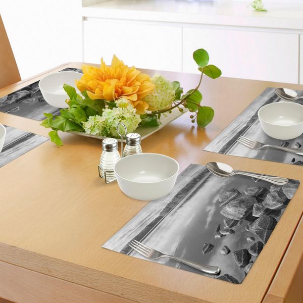 Abakuhaus Tovagliette Bianche E Nere, Rocce Nell'acqua Sulla Riva Del Lago - Autunno - Isolamento - Tranquillità - Ambiente, Tiscjdeco In Tessuto Resistente Al Colore Per La Sala Da Pranzo E La Cucina, Bianco Nero-image