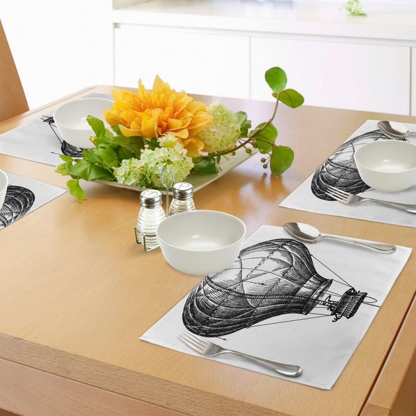 Abakuhaus Tovagliette Abbozzate, Grande Mongolfiera In Stile Vendemmia Celeste, Tema Viaggio E Trasporto, Tiscjdeco In Tessuto Resistente Al Colore Per La Sala Da Pranzo E La Cucina, Bianco Nero-image