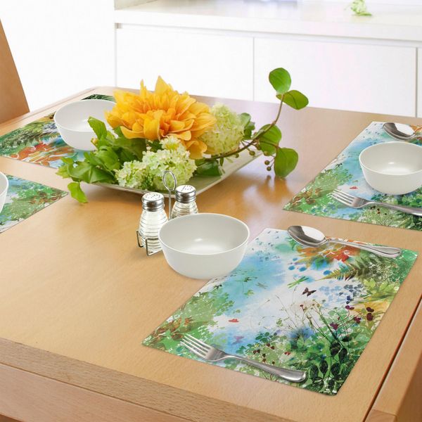 Tovagliette Abakuhaus Libellula, Felci Petali Natura Fiorita Fantasia Complessa Immagine Digitale Mista Acquerelli, Tiscjdeco In Tessuto Resistente Al Colore Per Sala Da Pranzo E Cucina, Multicolore-image