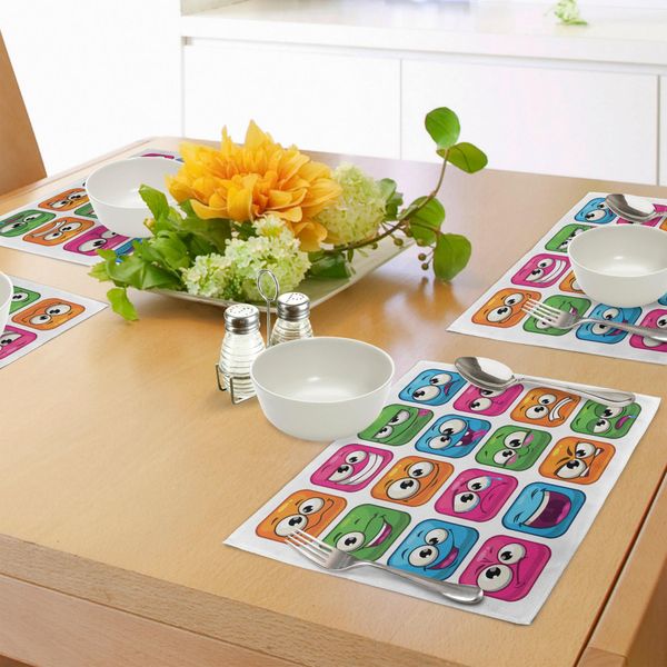 Abakuhaus Tovagliette Divertenti, Stile Cartone Animato Digitale Quadrato Per Bambini Faccia Sorridente Espressione Mostruosa Avatar Fumetto, Tiscjdeco In Tessuto Resistente Al Colore Per La Sala Da Pranzo E La Cucina, Multicolore-image