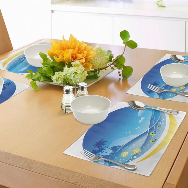 Abakuhaus Tovagliette Con Animali Tropicali, Onde Marine Esotiche In Una Cornice Faunistica Con Gabbiani E Palme Da Cocco, Tiscjdeco In Tessuto Resistente Al Colore Per La Sala Da Pranzo E La Cucina, Giallo Blu-image