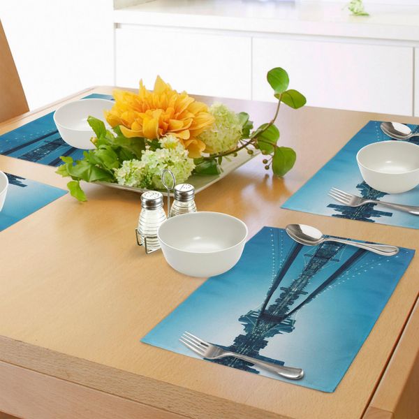 Abakuhaus Tovagliette Paesaggio, Nyc Paesaggio Manhattan Skyline Panorama Immagine Monocromatica Opere D'arte Moderne Per La Casa, Tiscjdeco In Tessuto Resistente Al Colore Per La Sala Da Pranzo E La Cucina, Bianco Blu-image