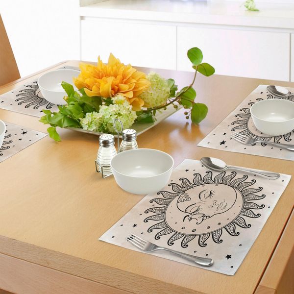 Abakuhaus Tovagliette Abbozzate, Sole E Luna Figure Celesti Composizione Ciclo Del Giorno Ispirazione Artistica Mistica, Tiscjdeco In Tessuto Resistente Al Colore Per La Sala Da Pranzo E La Cucina, Nero Tan-image
