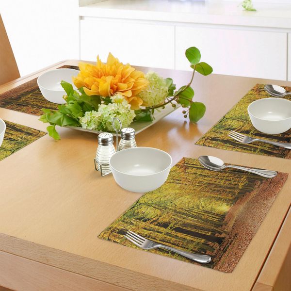 Abakuhaus Tovagliette, Sentiero Nel Bosco Autunnale Con Foglie Sfiorite, Scena Romantica E Suggestiva, Tiscjdeco In Tessuto Resistente Ai Colori Per La Sala Da Pranzo E La Cucina, Giallo Marrone-image