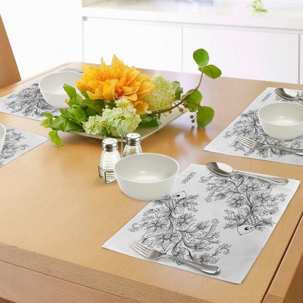 Tovagliette Abakuhaus Zodiaco, Immagini Floreali Segno Dei Pesci Casa Dell'elemento Acqua Sensibilità Segno Planetario, Tiscjdeco In Tessuto Resistente Al Lavaggio Per Sala Da Pranzo E Cucina, Bianco Nero-image