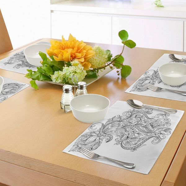 Tovagliette Abakuhaus Zodiaco, Fiori Ricurvi Vorticosi E Bouquet Con Simbolo Zodiacale - Acquario - Design Mensile, Sottobicchieri In Tessuto Lavabile Decorazione Da Tavola Con Stampa, Bianco Nero-image