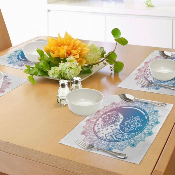 Tovagliette Abakuhaus Ying Yang, Motivo Mandala Rotondo Sfumato Con Yin Yang Terzo Occhio, Arte Mistica Zen Asiatica, Tovaglietta Decorativa In Tessuto Resistente Al Lavaggio Per Sala Da Pranzo E Cucina, Rosa E Blu-image