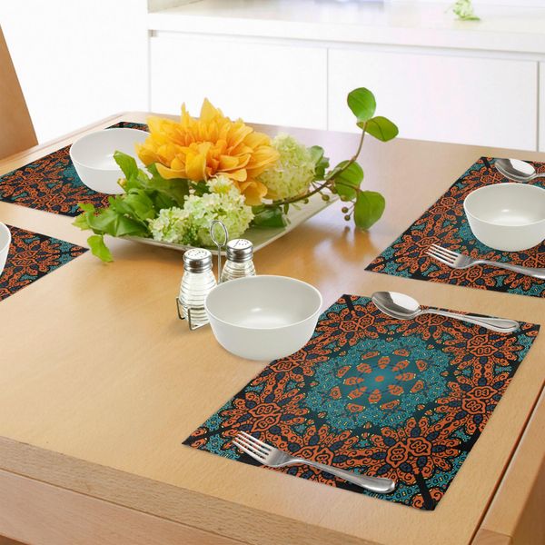 Abakuhaus Tovagliette Psichedeliche, Motivo Floreale Rotondo Con Motivo Psichedelico In Stile Boho Hippie, Tiscjdeco In Tessuto Resistente Al Lavaggio Per La Sala Da Pranzo E La Cucina, Arancione Verde Acqua-image