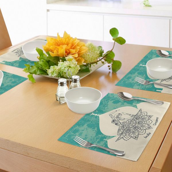 Tovagliette Abakuhaus Chakra, Immagine Vintage Grunge Con Donna Danzante Generata Con Stampa Etnica Ondulata, Tiscjdeco In Tessuto Resistente Al Lavaggio Per Sala Da Pranzo E Cucina, Beige Blu-image