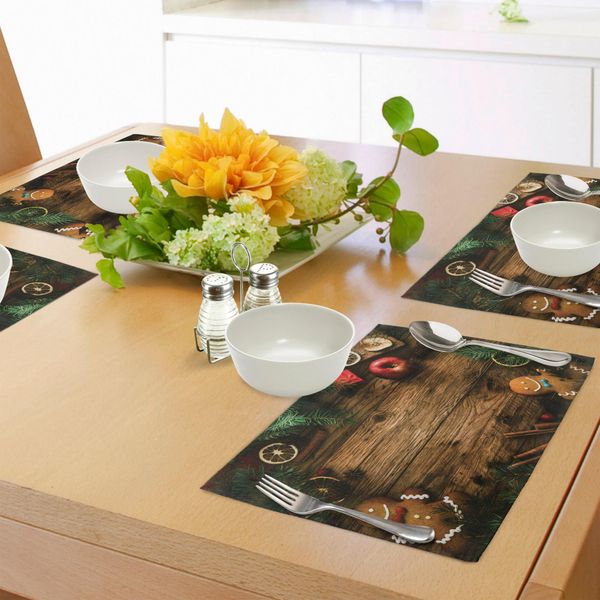 Abakuhaus Tovagliette Natalizie, Scatola Regalo Con Omino Di Pan Di Zenzero, Legno Di Pino, Cannella, Dessert Su Tema Rustico In Legno, Tovaglietta Decorativa In Tessuto Resistente Al Lavaggio Per Sala Da Pranzo E Cucina, Marrone Verde-image
