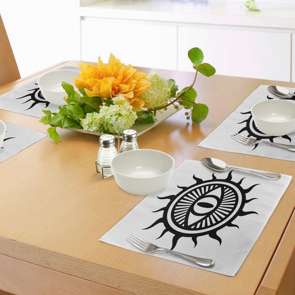 Abakuhaus Tovagliette Occulte, Simbolo Del Terzo Occhio Nel Motivo Sun Circle Pattern, Luogo Di Potere Artwork Print Image, Tiscjdeco In Tessuto Resistente Al Lavaggio Per La Sala Da Pranzo E La Cucina, Bianco E Nero-image