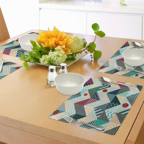 Tovagliette Abakuhaus Chevron, Patchwork Chevron Con Linea Stilizzata Vintage E Bottoni Retrò Kitsch Artsy, Tiscjdeco In Tessuto Resistente Al Lavaggio Per La Sala Da Pranzo E La Cucina, Multicolore-image