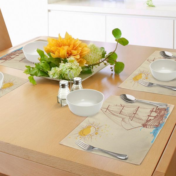 Abakuhaus Tovagliette Nautiche, Motivo Marino Con Barca A Vela In Mare Ventoso E Galeone Sun Che Incrocia Spruzzi D'acqua, Tiscjdeco In Tessuto Resistente Al Lavaggio Per Sala Da Pranzo E Cucina, Marrone Crema-image